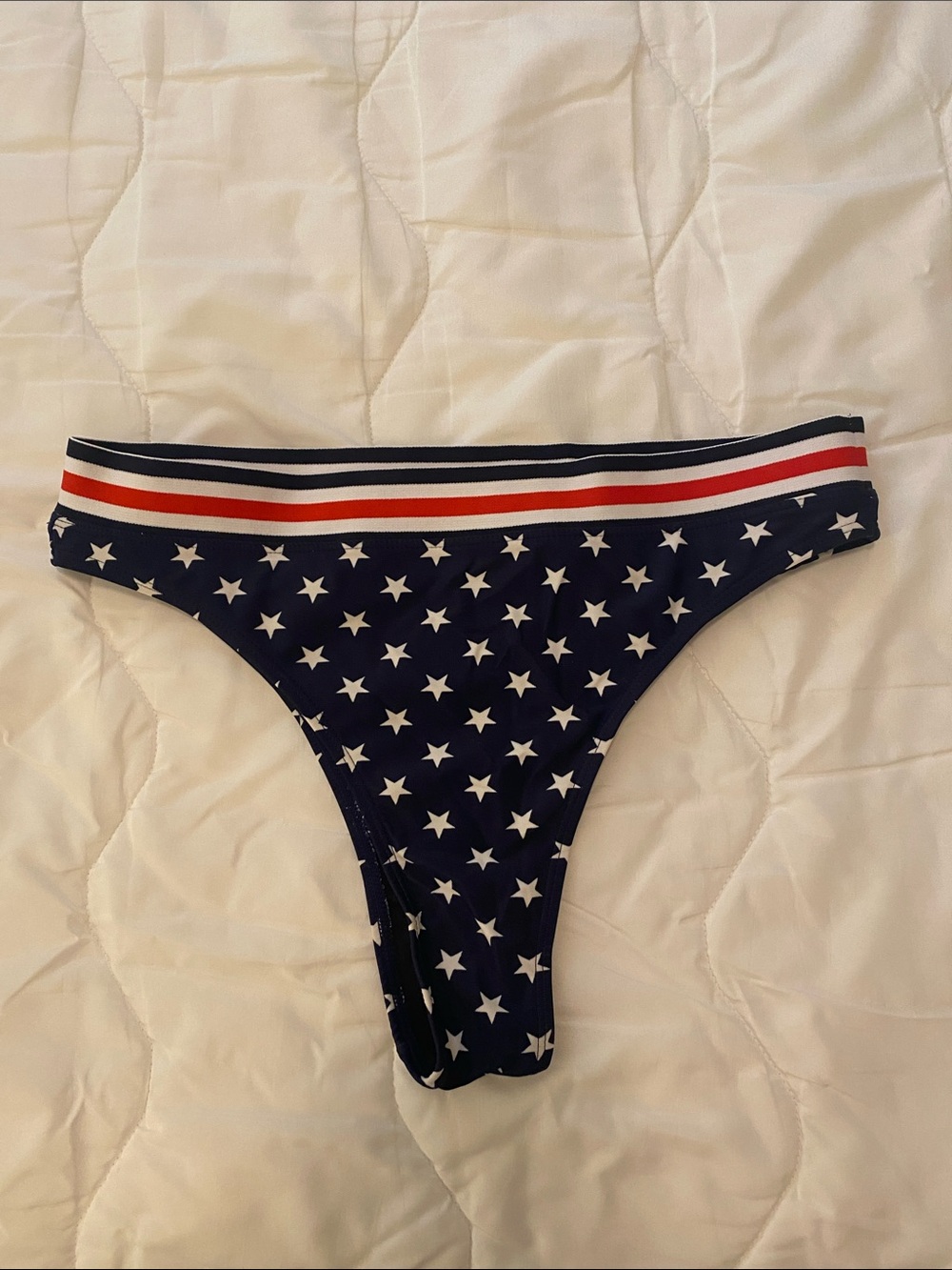 Pink Lily Navy Star Print Bikini Bottom with Red and White Stripe Waistband